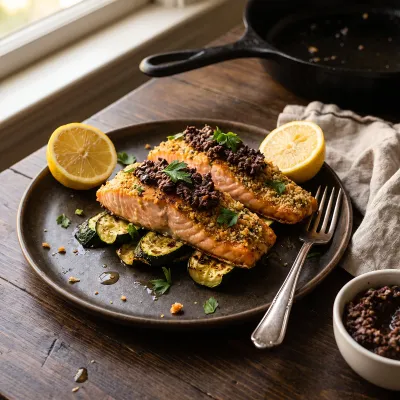 Garlic Herb Skillet Salmon with Roasted Zucchini and Olive Tapenade