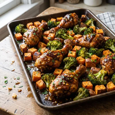 Honey Garlic Glazed Chicken Drumsticks with Roasted Sweet Potatoes and Broccoli
