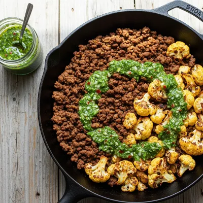Spiced Ground Beef and Roasted Cauliflower Skillet with Chimichurri