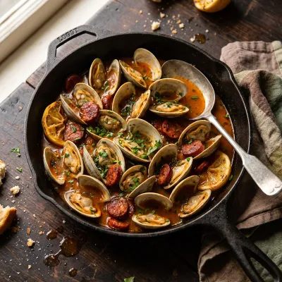 Steamed Littleneck Clams with Spicy Chorizo and White Wine Broth