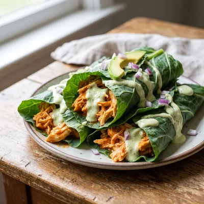 Buffalo Chicken Collard Wraps with Cool Avocado Ranch