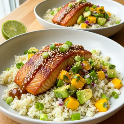 Seared Salmon Cauliflower Rice Bowl with Mango Avocado Salsa