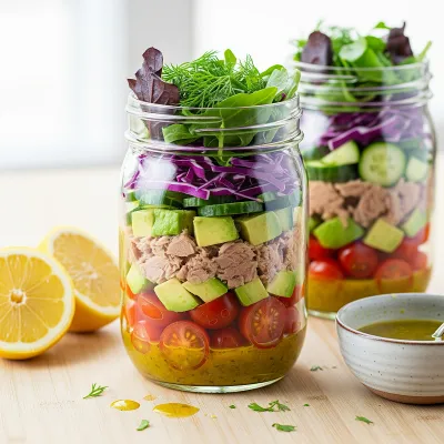 Zesty Tuna and Avocado Mason Jar Salad with Lemon Herb Dressing