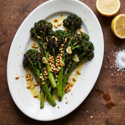 Charred Broccolini with Lemon Garlic Oil and Toasted Pine Nuts