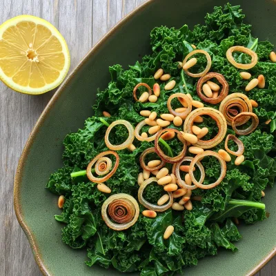 Garlicky Lemon Kale with Toasted Pine Nuts and Crispy Shallots