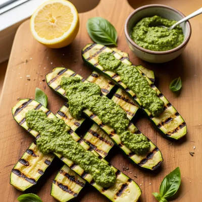 Grilled Zucchini Planks with Herbed Almond Pesto