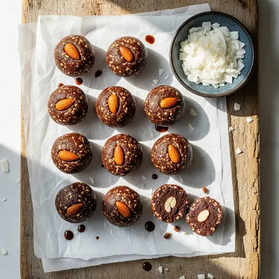 Chewy Coconut Date Energy Balls with Toasted Almonds and Cacao