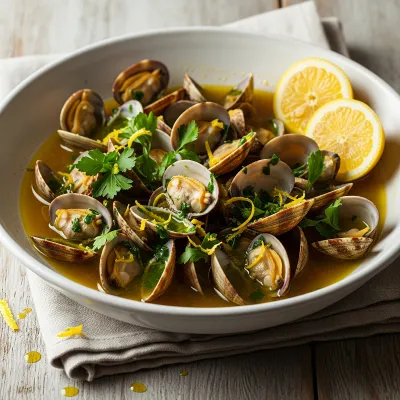Garlic White Wine Steamed Clams with Fresh Herb Oil