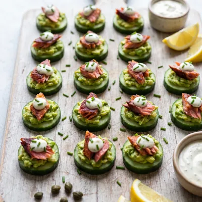 Crispy Smoked Salmon and Avocado Cucumber Bites with Lemon Herb Aioli