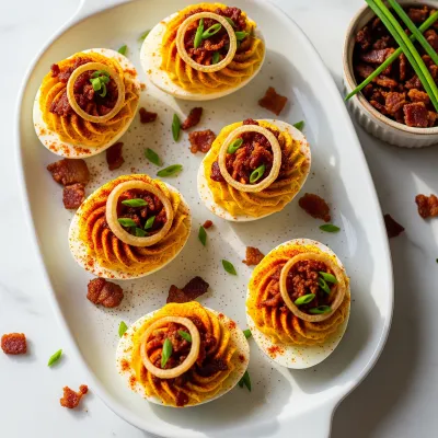 Smoky Bacon and Chipotle Deviled Eggs with Crispy Shallots