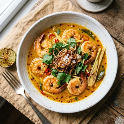 Coconut Braised Shrimp with Lemongrass and Crispy Shallots