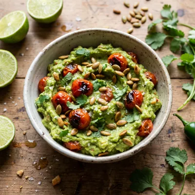 Smoky Roasted Tomato Guacamole with Toasted Pepitas and Fresh Herbs