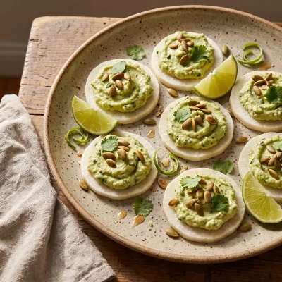 Whipped Avocado and Roasted Poblano Bites on Jicama Rounds