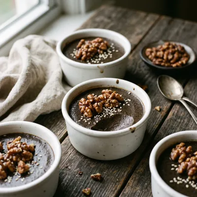Sesame Black Sesame Chocolate Pots de Crème with Five-Spice Candied Walnuts