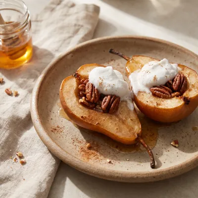 Cinnamon Spiced Baked Pears with Toasted Pecans and Coconut Cream