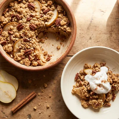 Cinnamon Spiced Pear and Pecan Crumble with Coconut Cream