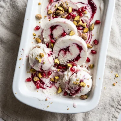 Creamy Coconut Pomegranate Swirl Ice Cream with Toasted Pistachios
