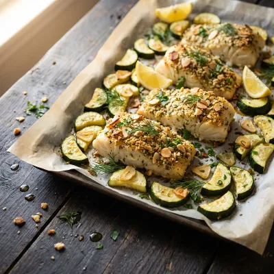 Almond and Herb Crusted Baked Cod with Lemon Garlic Zucchini
