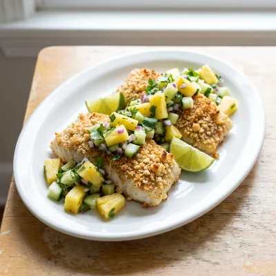 Macadamia Crusted Halibut with Pineapple Cucumber Salsa