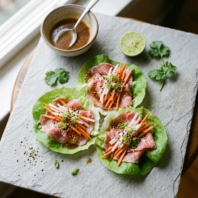 Korean-Inspired Beef Carpaccio Lettuce Cups with Sesame Ginger Dressing