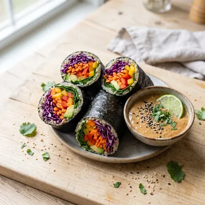Rainbow Veggie Nori Wraps with Sesame Ginger Almond Sauce