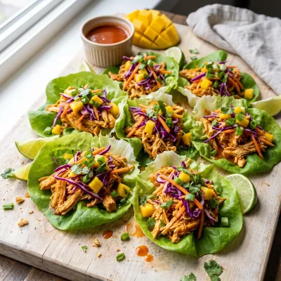 Spicy Buffalo Chicken Butter Lettuce Wraps with Mango Jalapeño Slaw