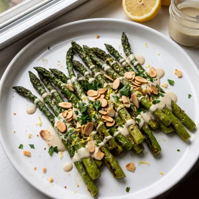 Charred Asparagus with Lemon Garlic Tahini and Toasted Almonds