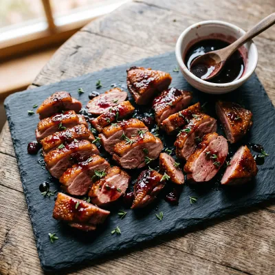 Smoked Duck Bites with Cherry Balsamic Glaze and Fresh Thyme