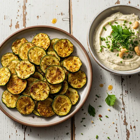 Crispy Baked Zucchini Chips with Lemon Herb Cashew Dip
