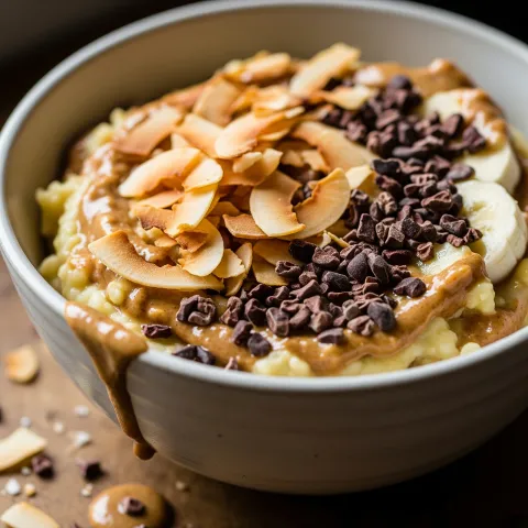 Banana Almond Butter Paleo Breakfast Bowl with Toasted Coconut and Cacao Nibs