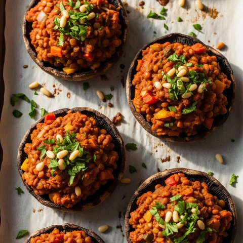Baked Lentil and Roasted Vegetable Stuffed Portobello Mushrooms