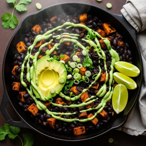 Smoky Black Bean and Sweet Potato Skillet with Cilantro Lime Drizzle