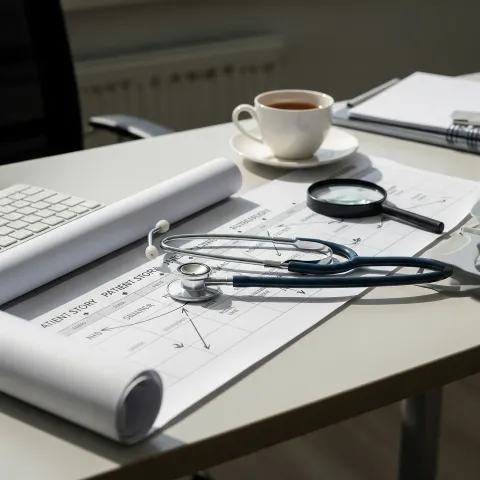 A clinician's desk with a patient-history timeline, stethoscope and handwritten notes
