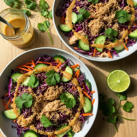 Smashed Cucumber and Pulled Chicken Salad with Almond Ginger Dressing