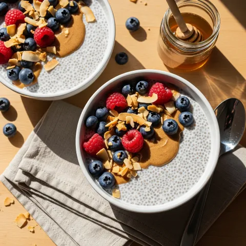 Warm Vanilla Coconut Chia Breakfast Pudding with Fresh Berries