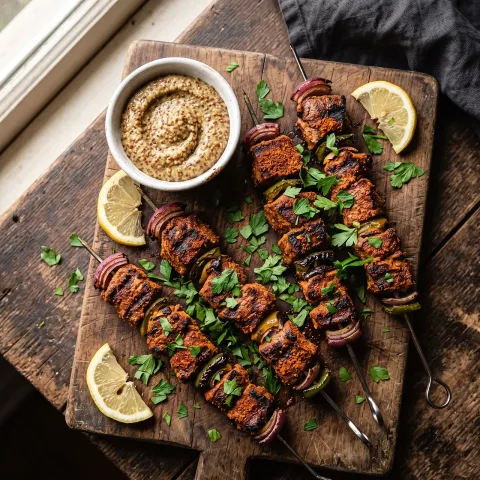 Cajun Wild Boar Skewers with Creole Mustard Dipping Sauce