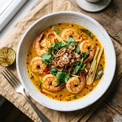 Coconut Braised Shrimp with Lemongrass and Crispy Shallots