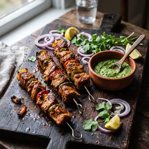 Tandoori Spiced Veal Skewers with Mint Coconut Chutney