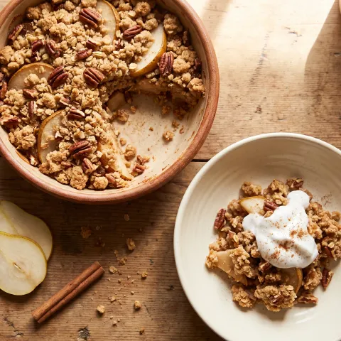 Cinnamon Spiced Pear and Pecan Crumble with Coconut Cream