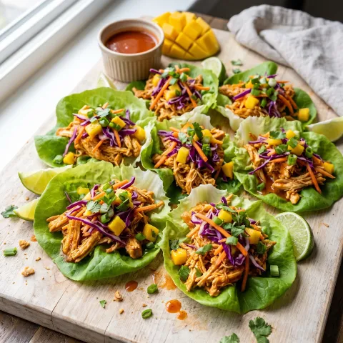 Spicy Buffalo Chicken Butter Lettuce Wraps with Mango Jalapeño Slaw