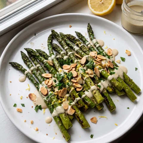 Charred Asparagus with Lemon Garlic Tahini and Toasted Almonds