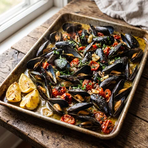 Sheet Pan White Wine Garlic Mussels with Herbed Tomato Oil