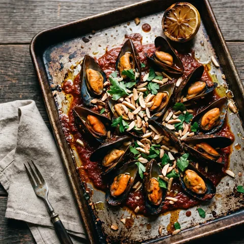 Sheet Pan Mussels with Romesco-Style Tomato Sauce and Toasted Almonds