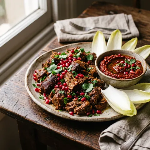 Slow Cooker Moroccan Spiced Goat Bites with Pomegranate Harissa Dip. AI-generated image.
