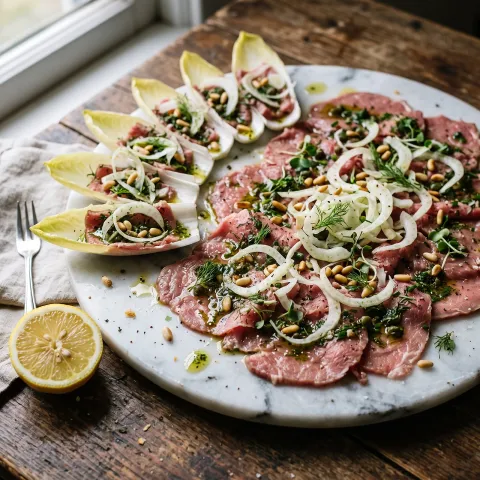 Veal Carpaccio-Style Bites with Caper Herb Oil and Shaved Fennel