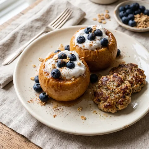 Baked Cinnamon Apples Stuffed with Coconut Cream and Blueberries, with Ginger Turkey Breakfast Sausage
