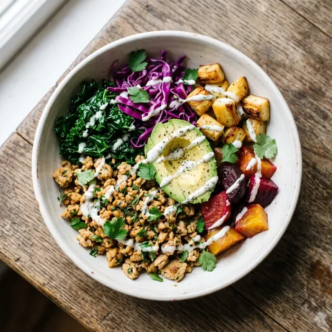 Ground Turkey and Roasted Parsnip Lunch Bowl with Garlic Herb Coconut Drizzle