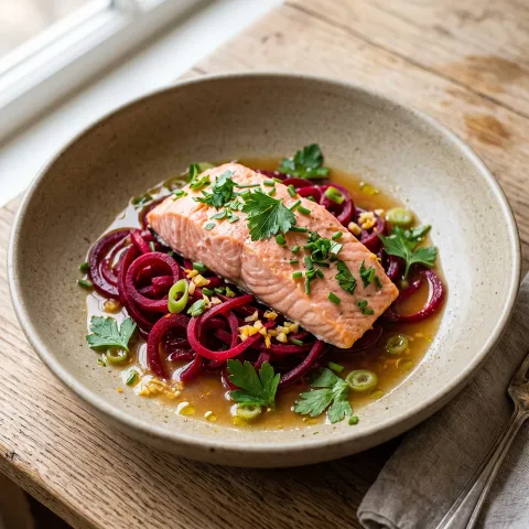 Herb-Poached Salmon with Beet Ribbons in Ginger Citrus Broth