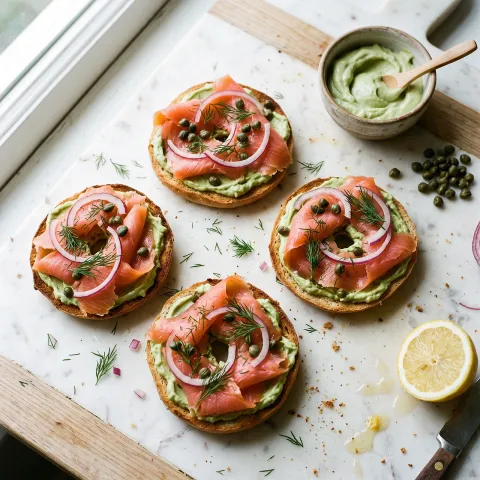 Lox and Whipped Avocado Cream on Cassava Flour Bagel Thins. AI-generated image.