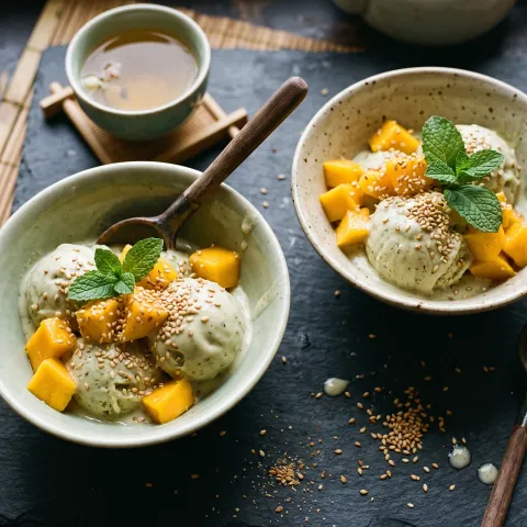 Honey Jasmine Green Tea Paleo Nice Cream with Toasted Sesame and Mango